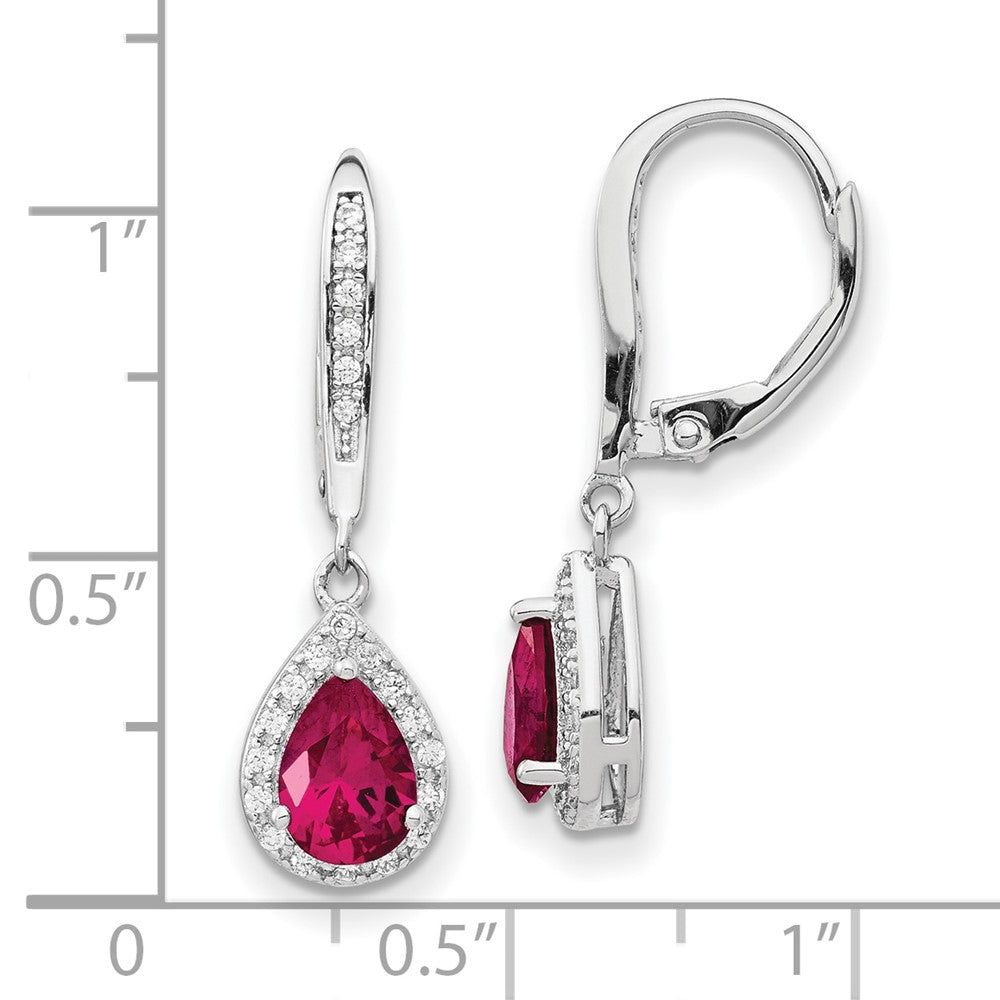 Cheryl M Sterling Silver Rhodium-plated Brilliant-cut Lab Created Ruby and Brilliant-cut White CZ Teardrop Leverback Dangle Earrings