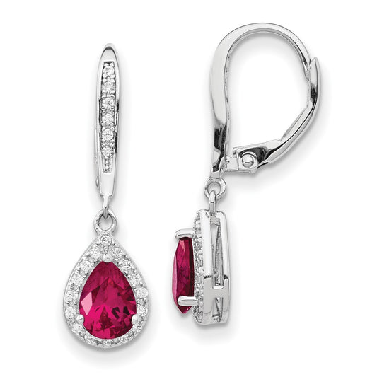 Cheryl M Sterling Silver Rhodium-plated Brilliant-cut Lab Created Ruby and Brilliant-cut White CZ Teardrop Leverback Dangle Earrings