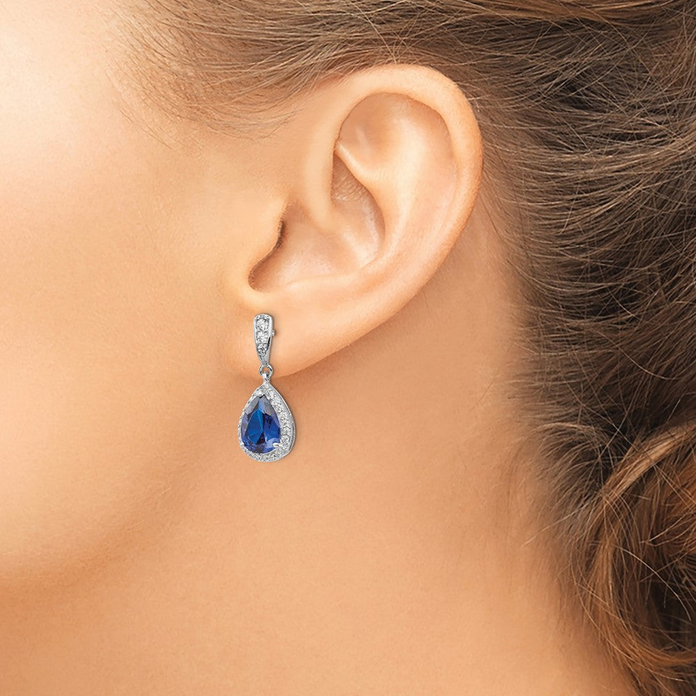 Cheryl M Sterling Silver Rhodium-plated Brilliant-cut Lab Created Dark Blue Spinel and Brilliant-cut White CZ Teardrop Post Dangle Earrings