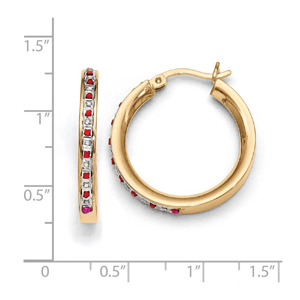 Sterling Silver & Gold-plated Dia. & Ruby Round Hoop Earrings