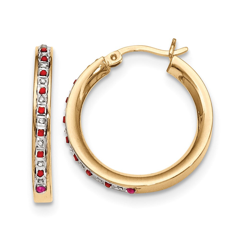 Sterling Silver & Gold-plated Dia. & Ruby Round Hoop Earrings