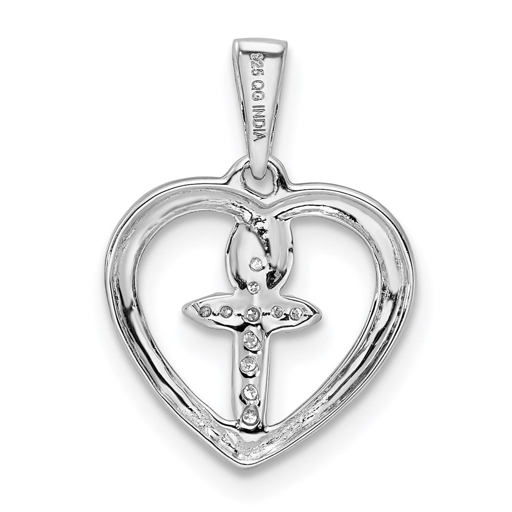 Sterling Silver Rhodium-plated Diamond Cross in Heart Pendant