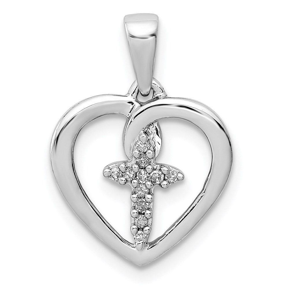 Sterling Silver Rhodium-plated Diamond Cross in Heart Pendant