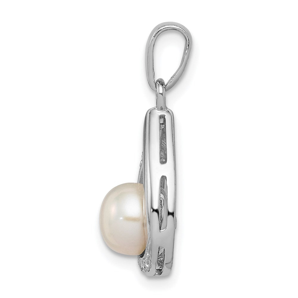 Sterling Silver Rhodium 6mm FW Cltrd Pearl & Diamond Teardrop Pendant