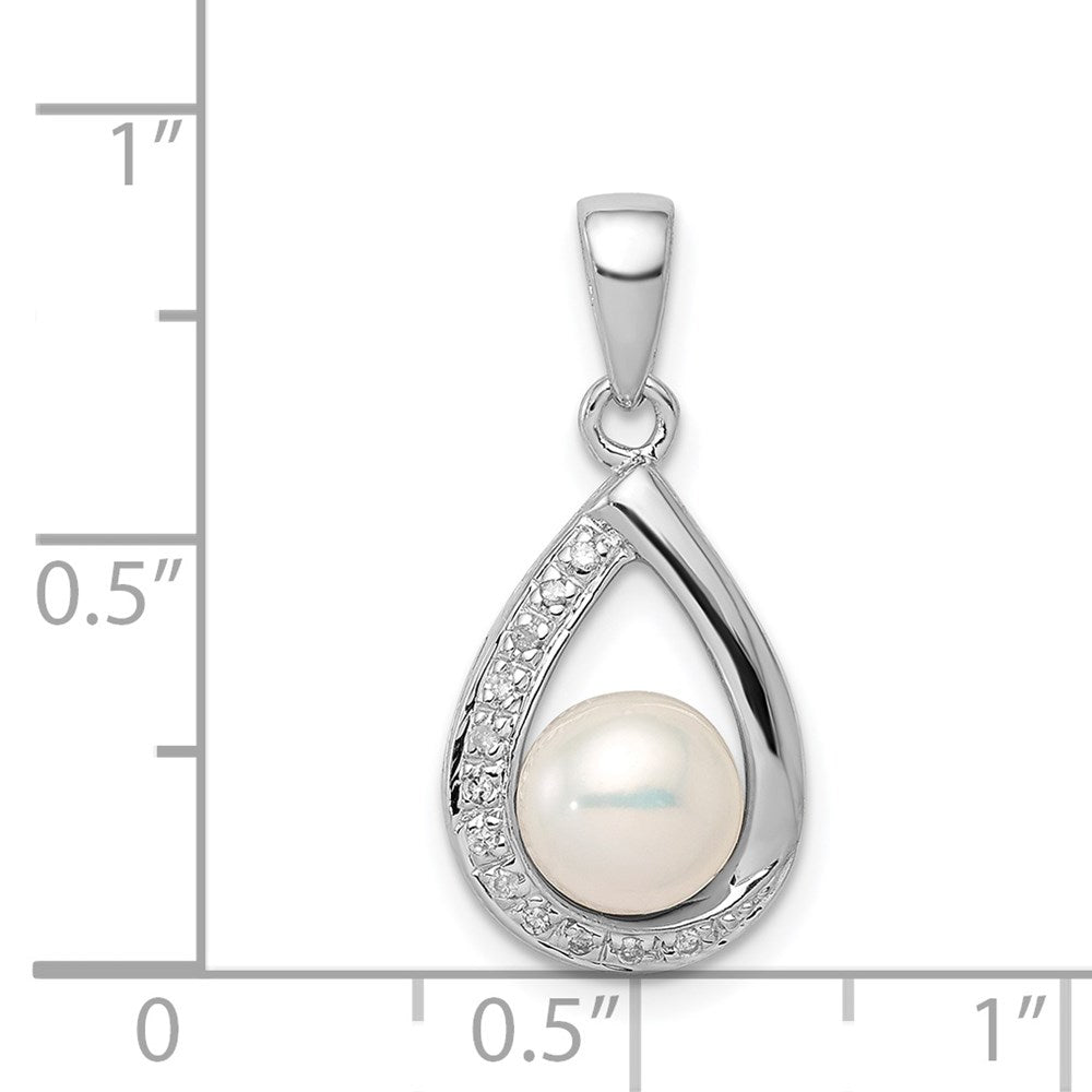 Sterling Silver Rhodium 6mm FW Cltrd Pearl & Diamond Teardrop Pendant