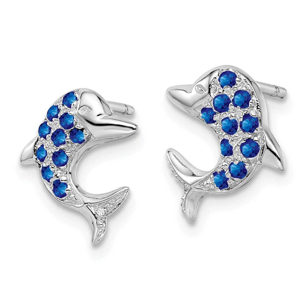 Sterling Silver Rhodium Sapphire & Diamond Dolphin Post Earrings