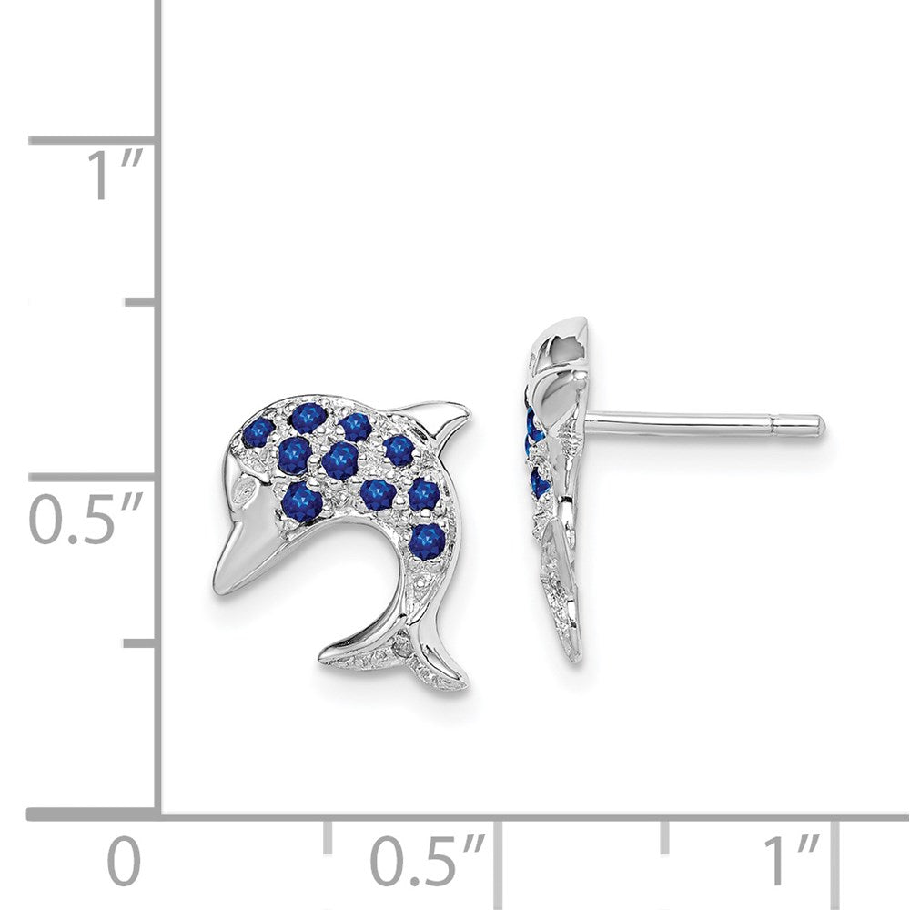 Sterling Silver Rhodium Sapphire & Diamond Dolphin Post Earrings