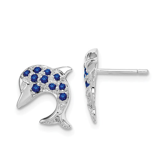 Sterling Silver Rhodium Sapphire & Diamond Dolphin Post Earrings