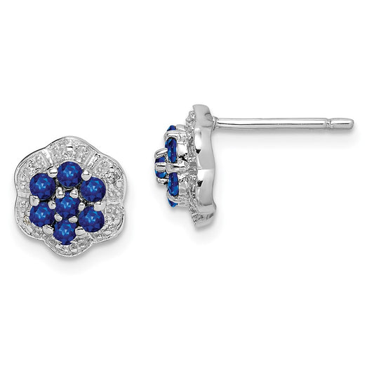 Sterling Silver Rhodium Sapphire & Diamond Post Earrings