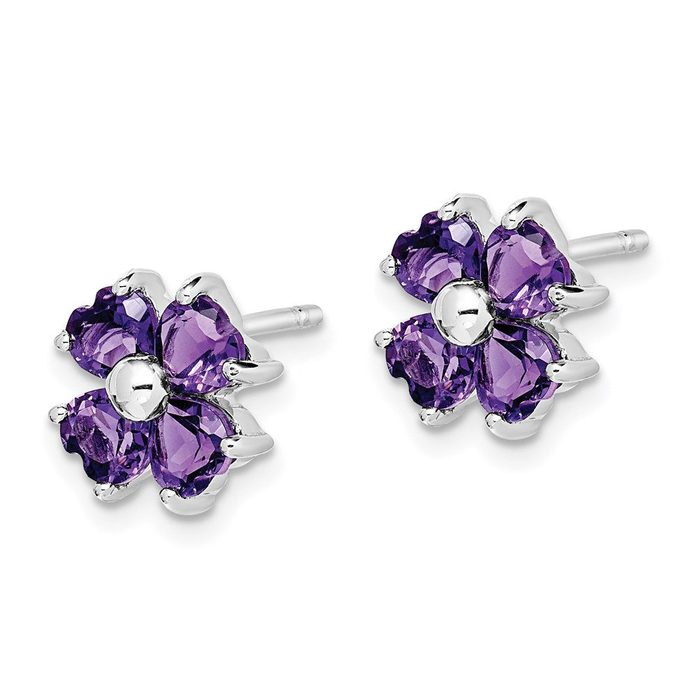 Sterling Silver Rhodium Plated Amethyst Flower Post Earrings