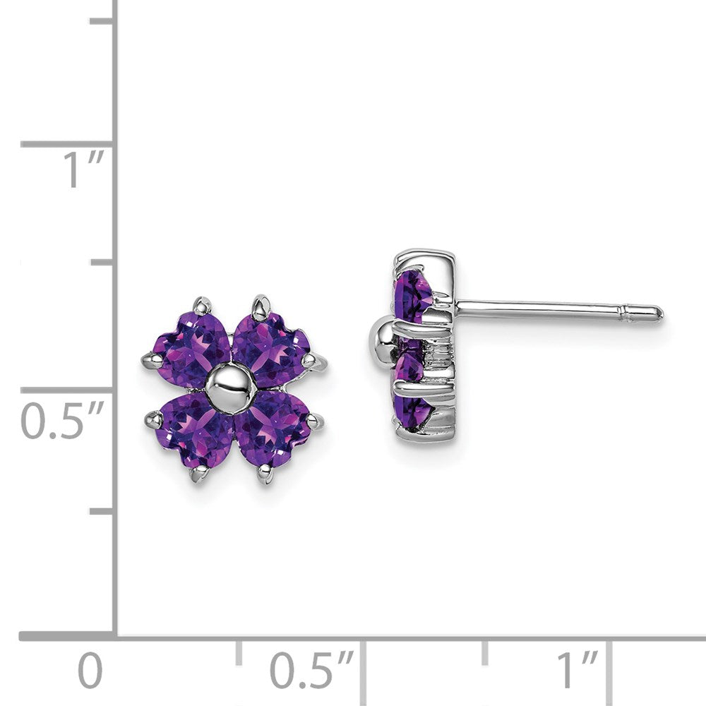 Sterling Silver Rhodium Plated Amethyst Flower Post Earrings