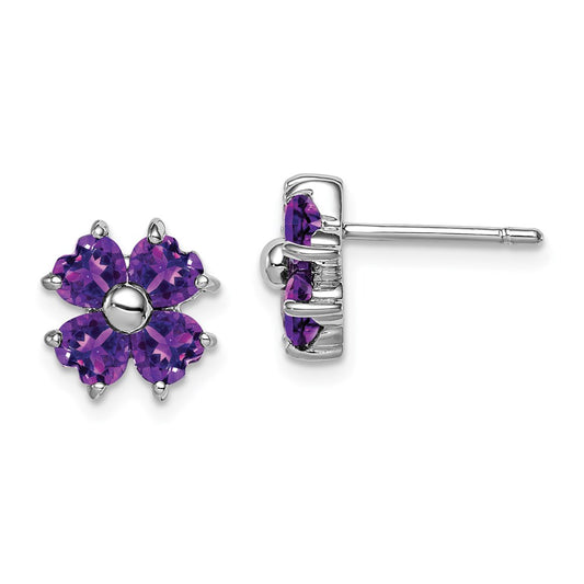 Sterling Silver Rhodium Plated Amethyst Flower Post Earrings