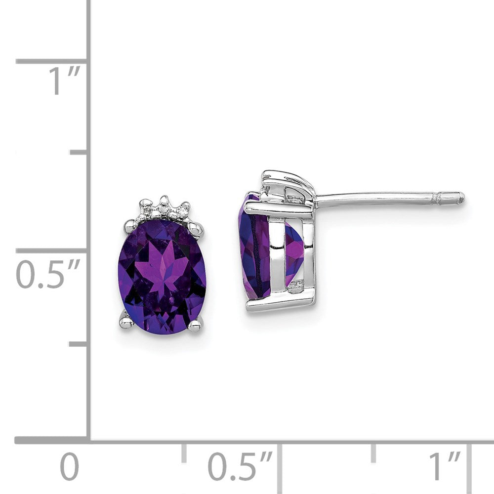 Sterling Silver Rhodium Plated Oval Amethyst and Diamond Post Earrings