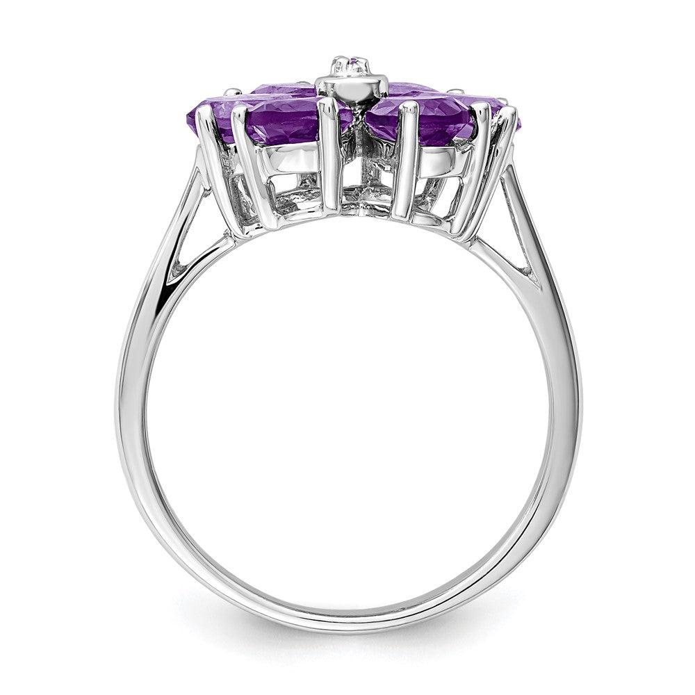 Sterling Silver Rhodium Amethyst & Diamond Flower Ring