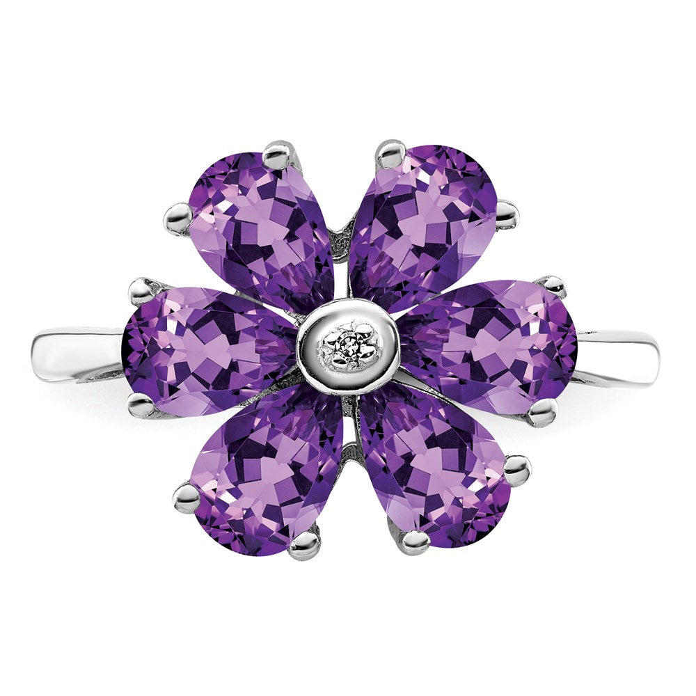 Sterling Silver Rhodium Amethyst & Diamond Flower Ring