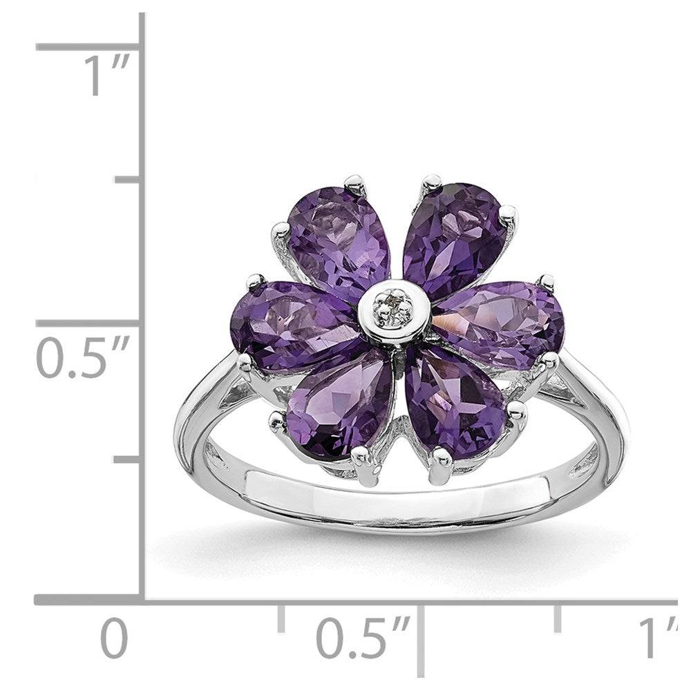 Sterling Silver Rhodium Amethyst & Diamond Flower Ring