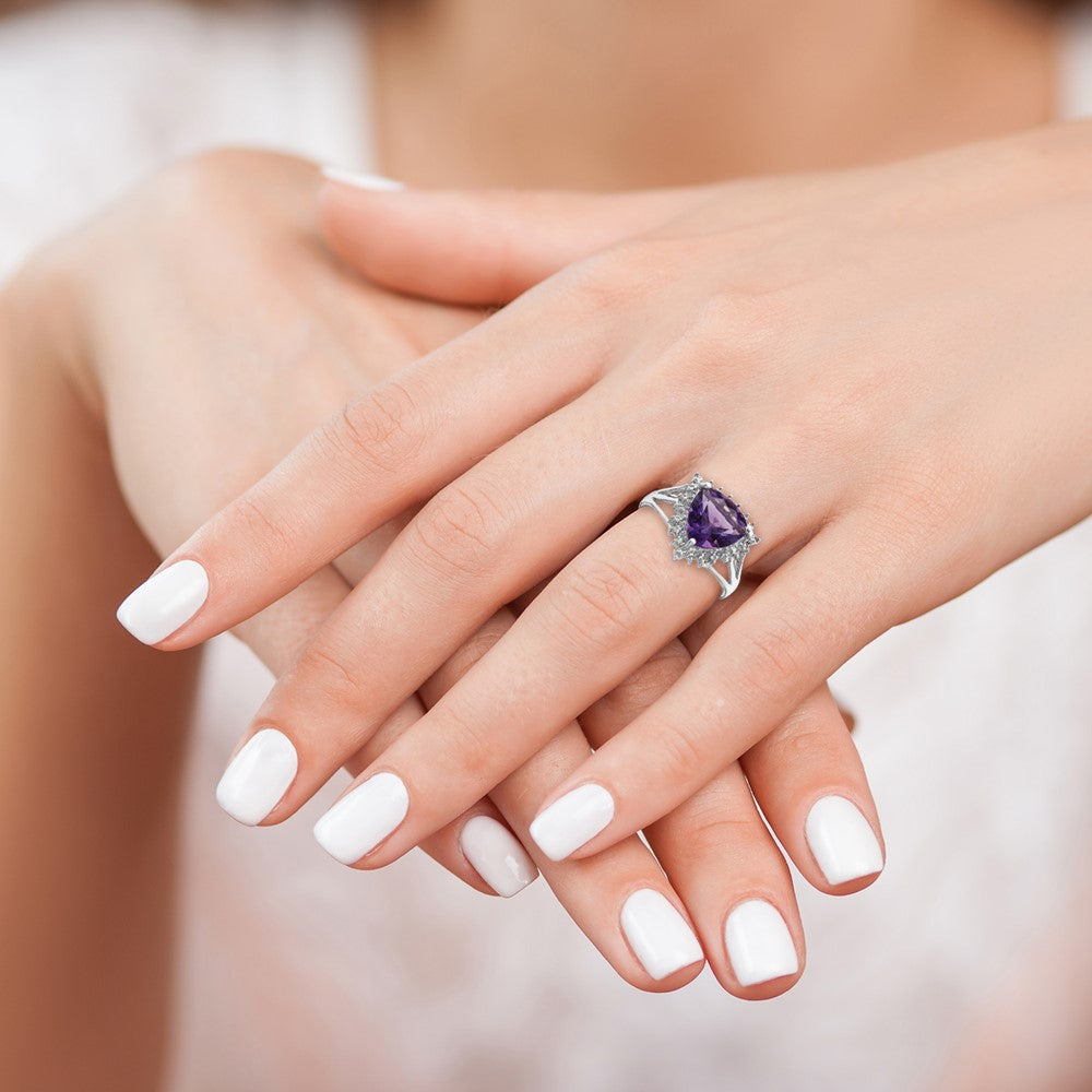 Sterling Silver Rhodium Trillion Amethyst & Diamond Ring