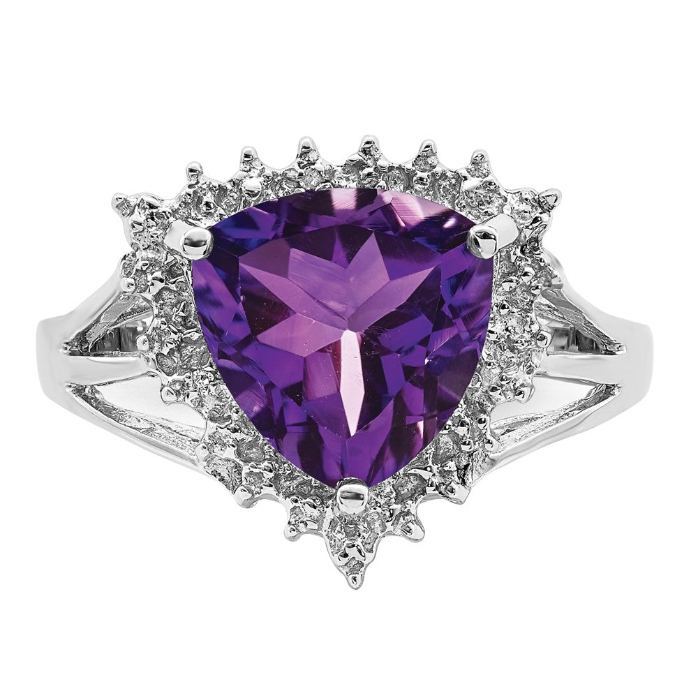 Sterling Silver Rhodium Trillion Amethyst & Diamond Ring