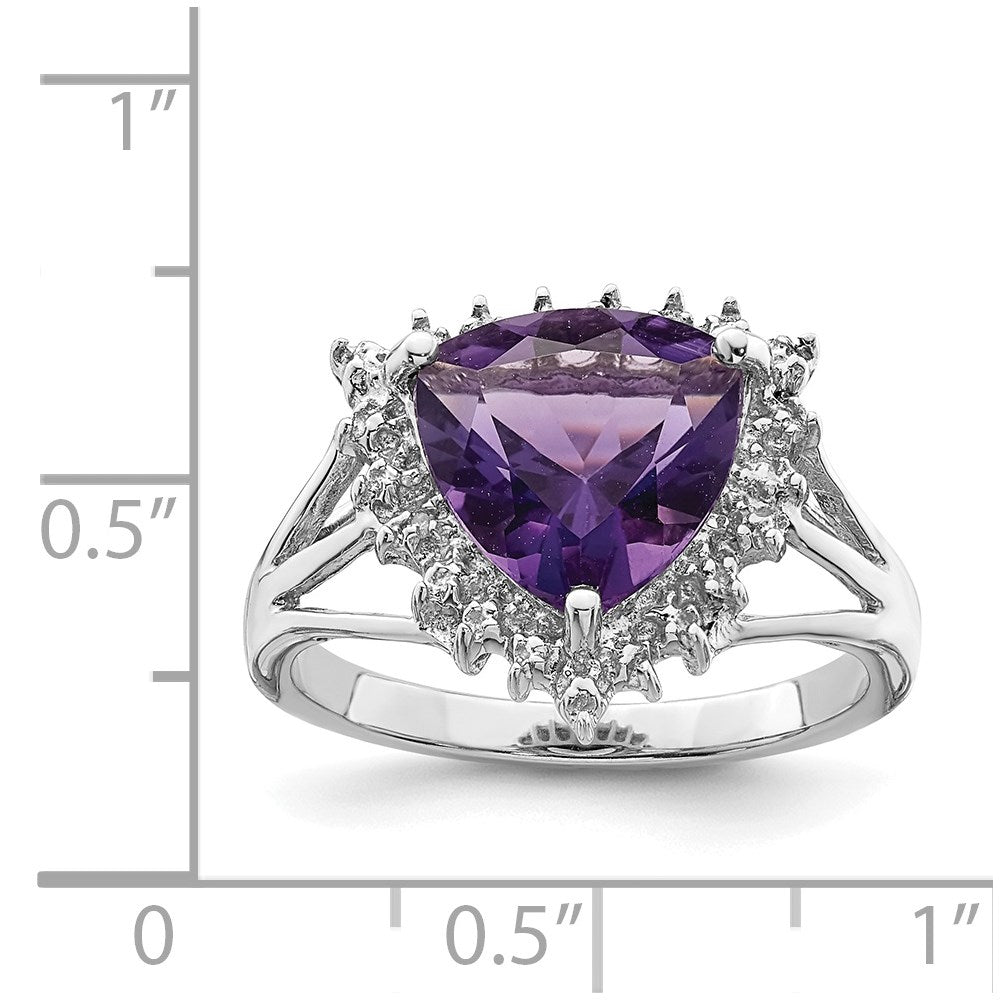 Sterling Silver Rhodium Trillion Amethyst & Diamond Ring