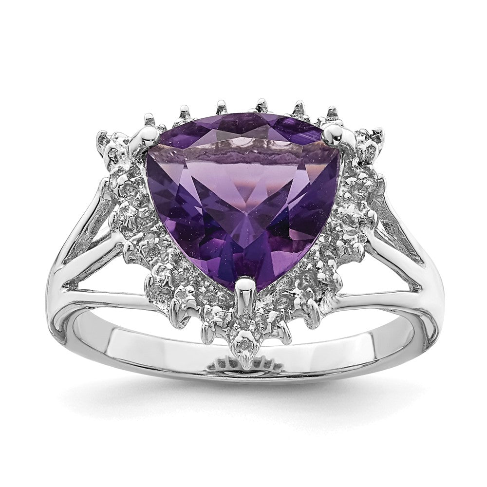 Sterling Silver Rhodium Trillion Amethyst & Diamond Ring