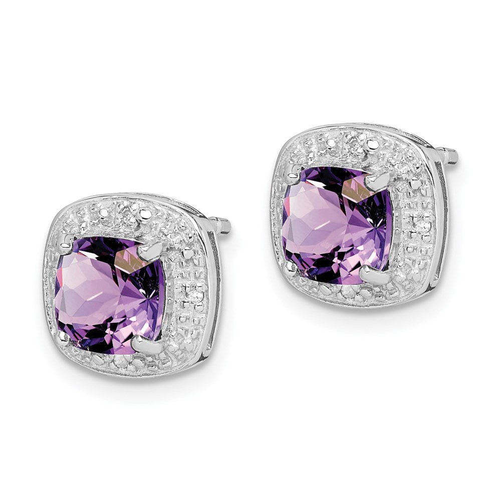 Sterling Silver Rhodium Plated Amethyst and Diamond Post Earrings