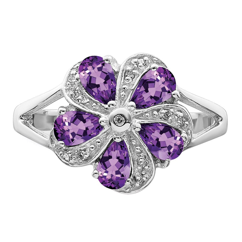 Sterling Silver Rhodium Amethyst Diamond Ring