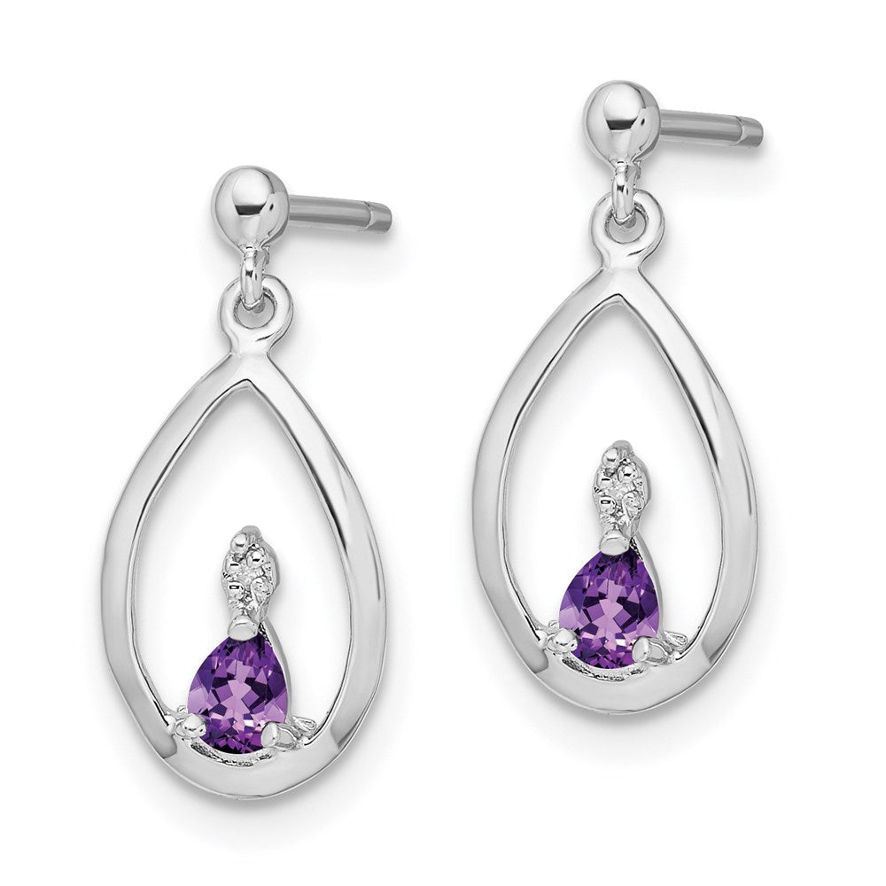 Sterling Silver Rhodium Plated Pear Amethyst and Diamond Post Earrings