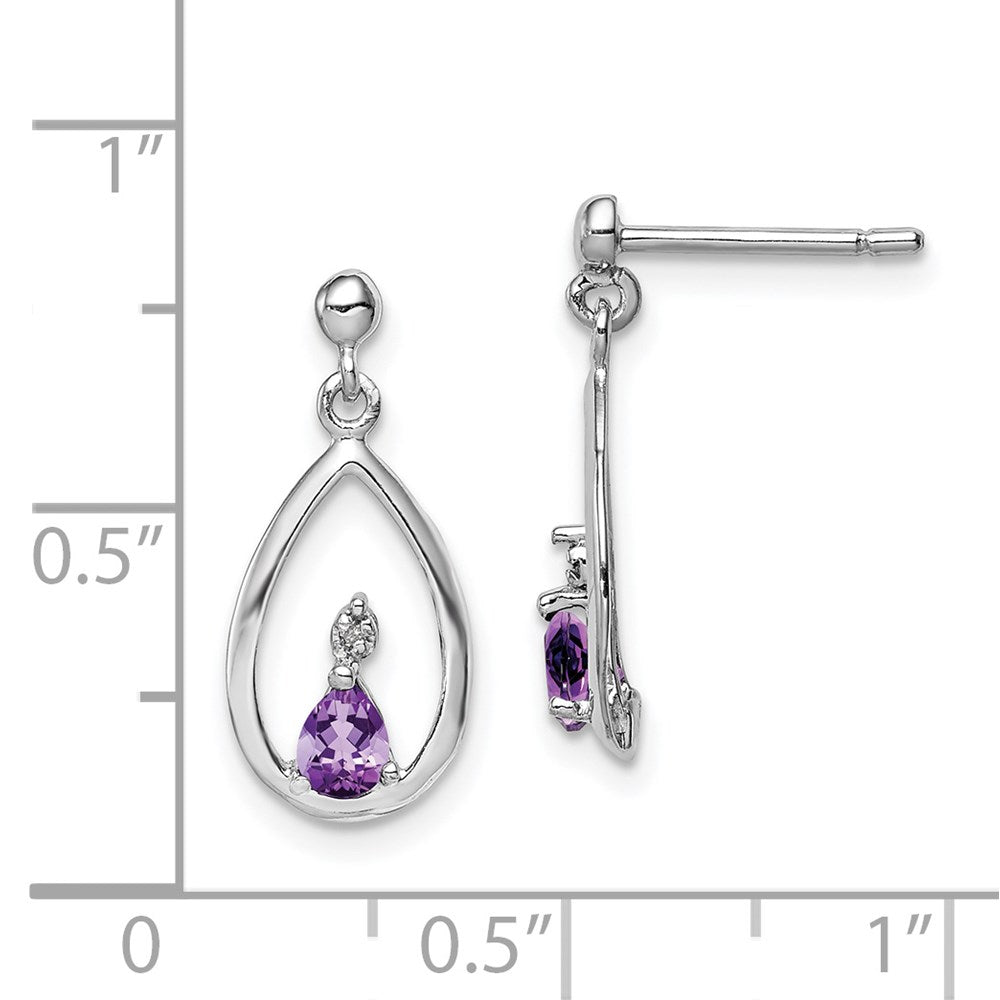 Sterling Silver Rhodium Plated Pear Amethyst and Diamond Post Earrings