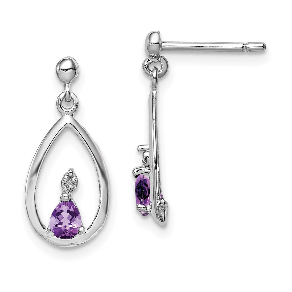 Sterling Silver Rhodium Plated Pear Amethyst and Diamond Post Earrings