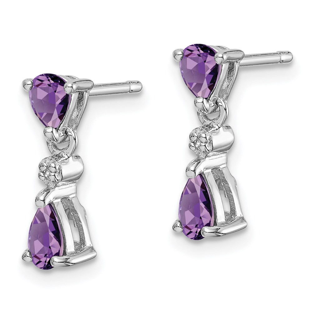 Sterling Silver Rhodium Pear Amethyst & Diamond Post Earrings