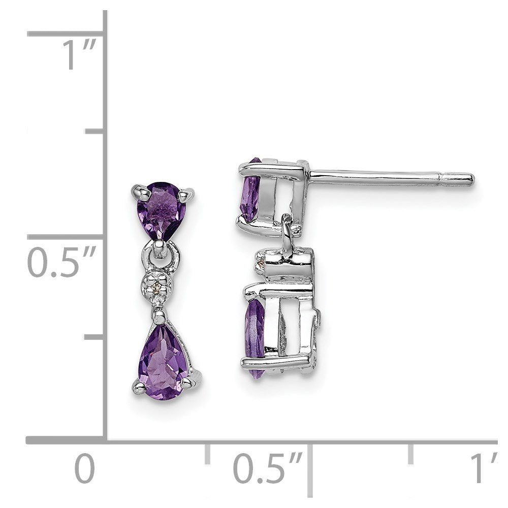 Sterling Silver Rhodium Pear Amethyst & Diamond Post Earrings