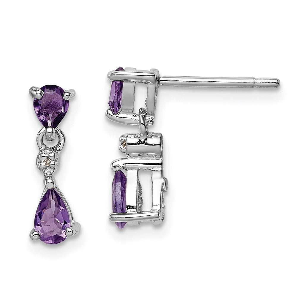 Sterling Silver Rhodium Pear Amethyst & Diamond Post Earrings