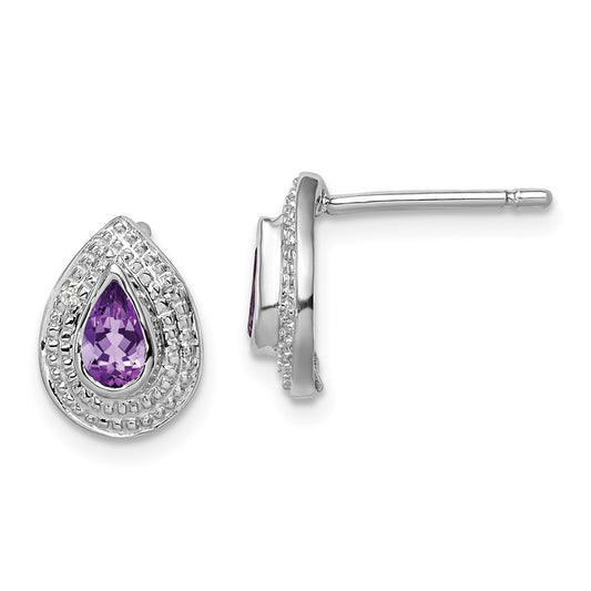 Sterling Silver Rhodium Amethyst & Diamond Post Earrings