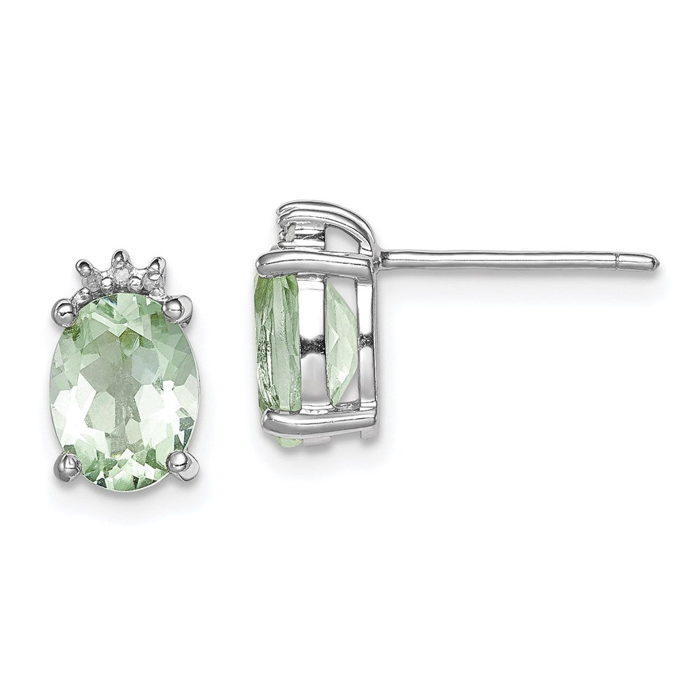 Sterling Silver Rhodium-plated Oval Green Quartz and DiamondEarrings