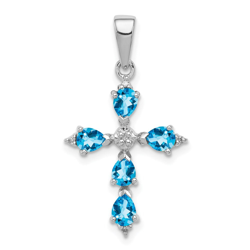 Sterling Silver Rhodium Pear Swiss Blue Topaz Cross Pendant