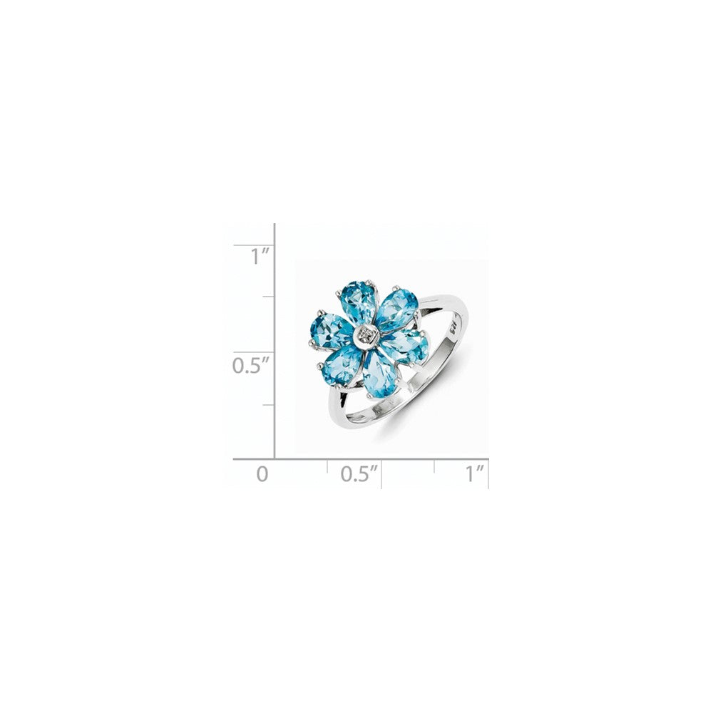 Sterling Silver Rhodium Lt Swiss Blue Topaz & Diamond Flower Ring