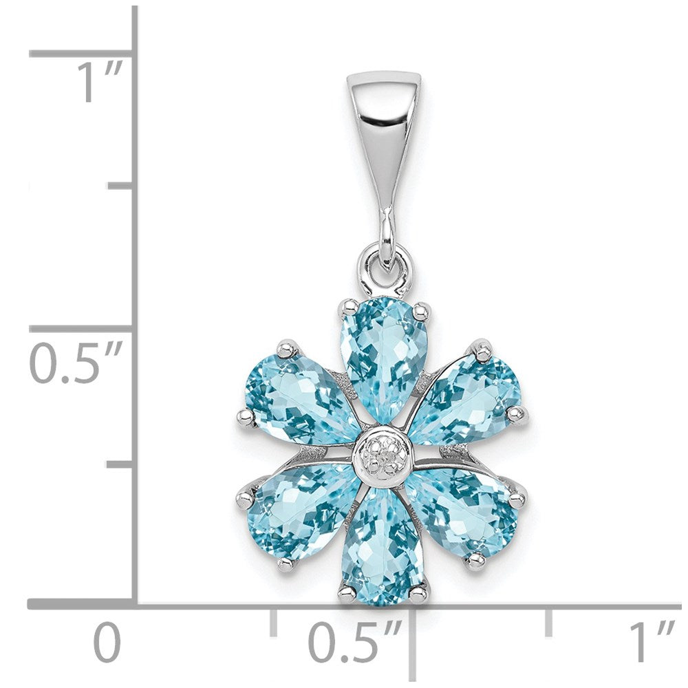 Sterling Silver Rhodium Light Swiss Blue Topaz & Diamond Flower Pendant