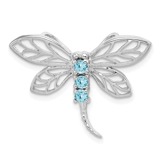 Sterling Silver Rhodium Light Swiss Blue Topaz Dragonfly Pendant