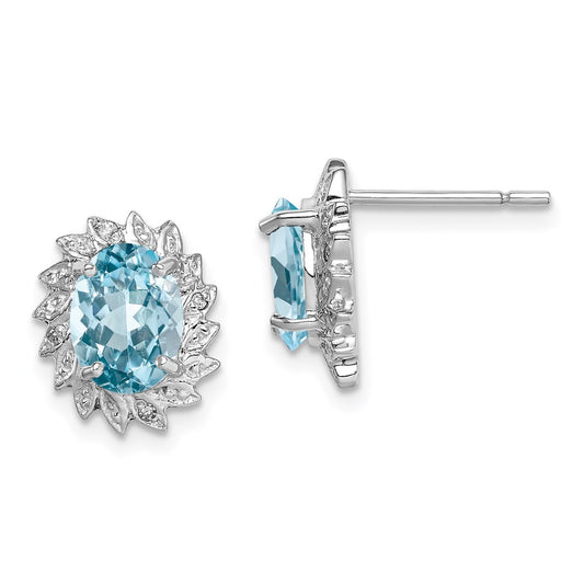 Sterling Silver Rhodium Plated Blue Topaz and Diamond Post Earrings