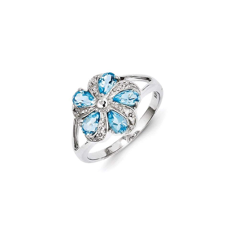 Sterling Silver Rhodium Light Swiss Blue Topaz Diamond Ring