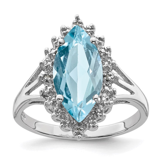 Sterling Silver Rhodium Light Swiss Blue Topaz Diamond Ring