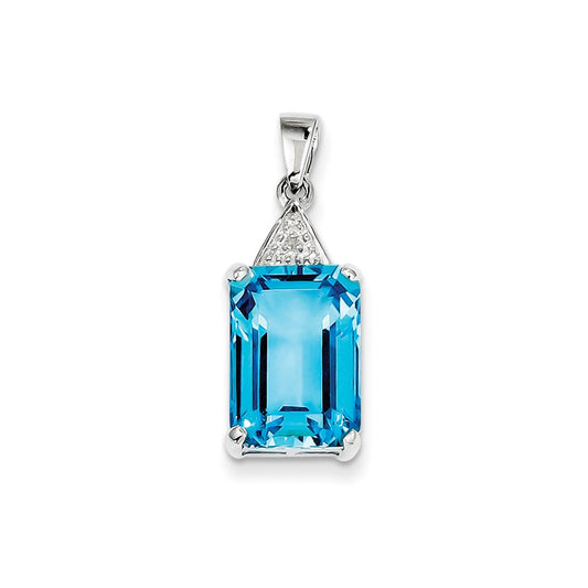 Sterling Silver Emerald-cut Swiss Blue Topaz & Diamond Pendant