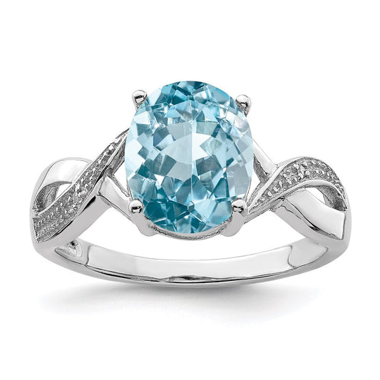 Sterling Silver Rhodium Light Swiss Blue Topaz & Diamond Ring