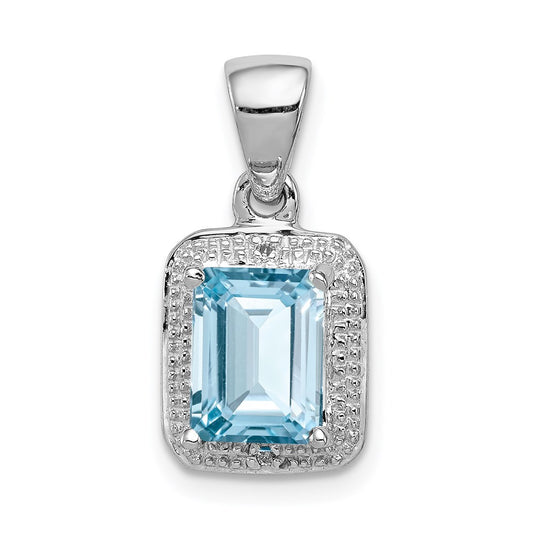 Sterling Silver Rhodium Emerald-cut Lt Sw Blue Topaz & Diamond Pendant