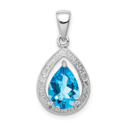 Sterling Silver Rhodium-plated Light Swiss Blue Topaz & Diamond Pendant