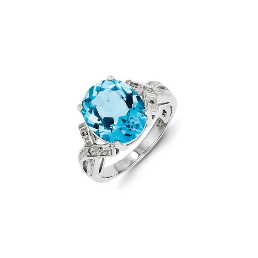 Sterling Silver Rhodium Light Swiss Blue Topaz Diamond Ring