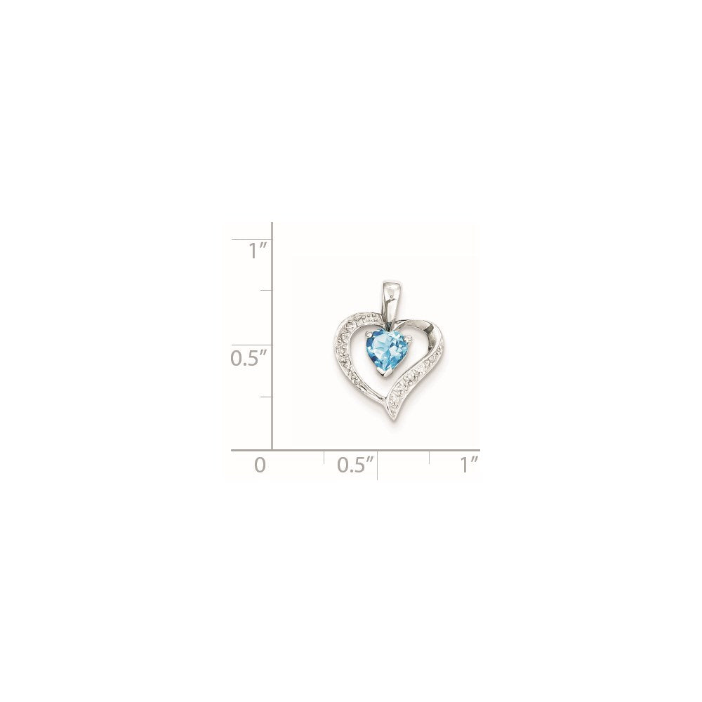 Sterling Silver Rhodium Heart Swiss Blue Topaz & Diamond Heart Pendant