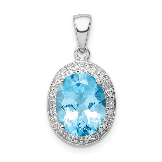 Sterling Silver Rhodium Oval Swiss Blue Topaz & Diamond Pendant