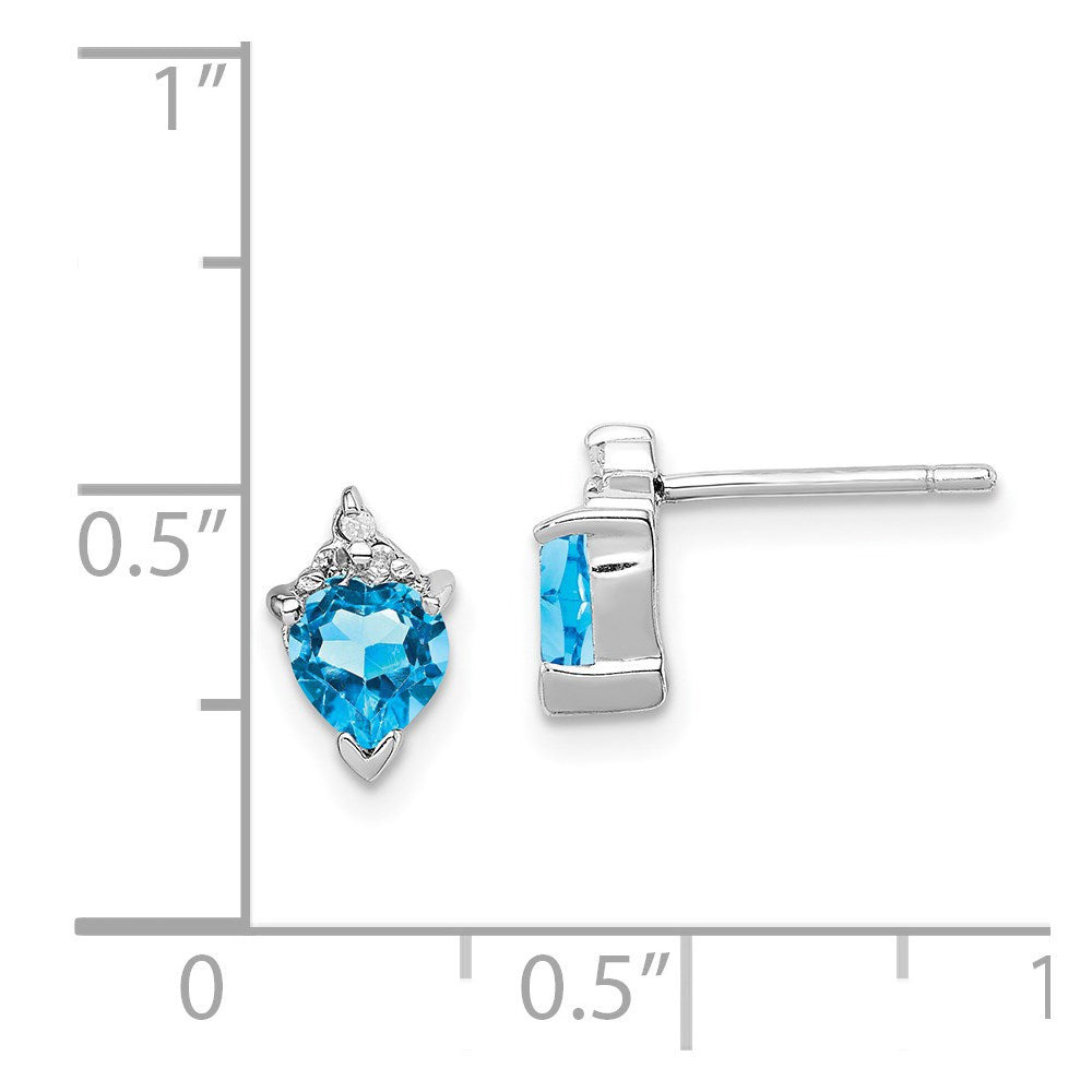 Sterling Silver Rhodium Plated Blue Topaz and Diamond Heart Earrings