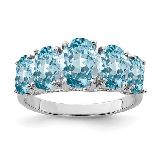 Sterling Silver Rhodium Light Swiss Blue Topaz 5 Stone Ring